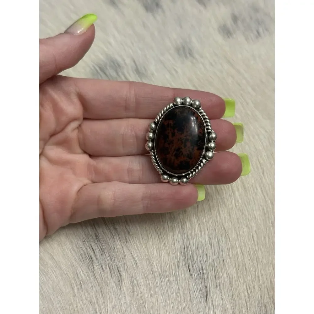 CII MEXICO Sterling Silver Red Jasper Black Mix Pin Brooch Pendant Signed 925